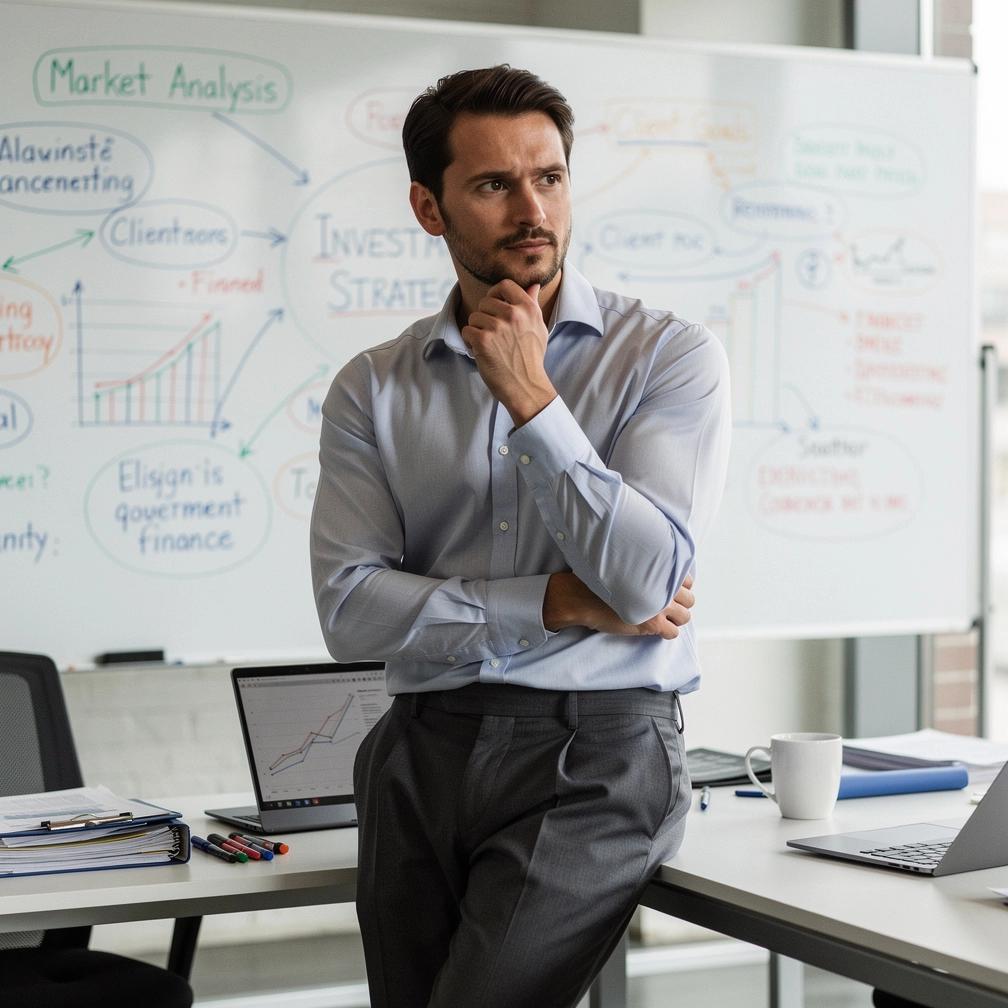 Moderná kancelária finančného poradcu s počítačom a plánovacími dokumentmi na stole.